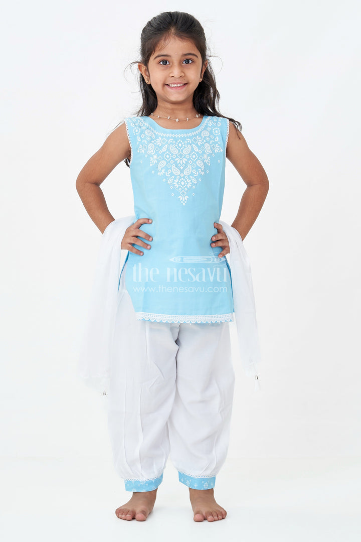 Girls Designer Chudi Set in Blue and White with Stone Embellished Yoke and Embroidered Hem