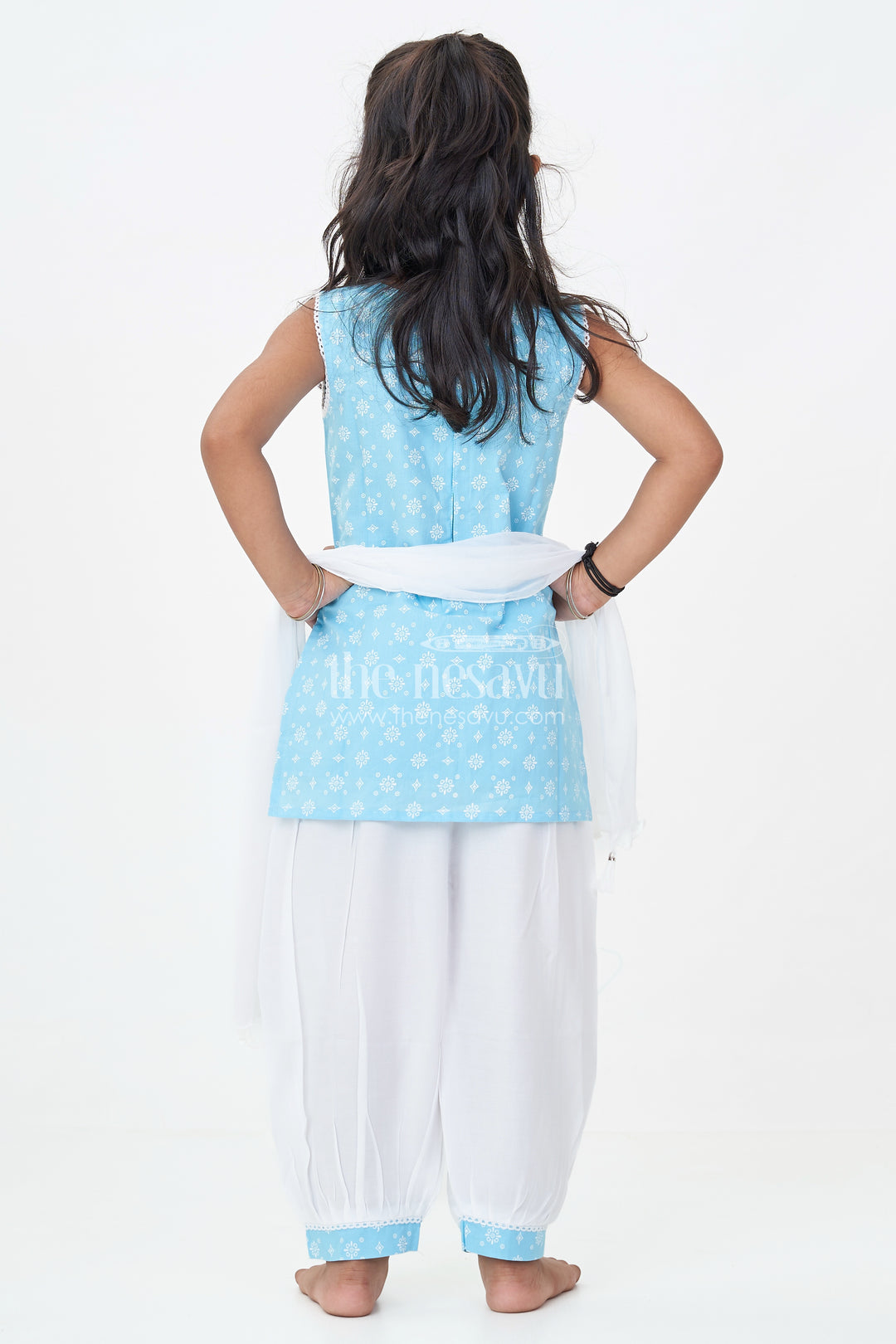 Girls Designer Chudi Set in Blue and White with Stone Embellished Yoke and Embroidered Hem