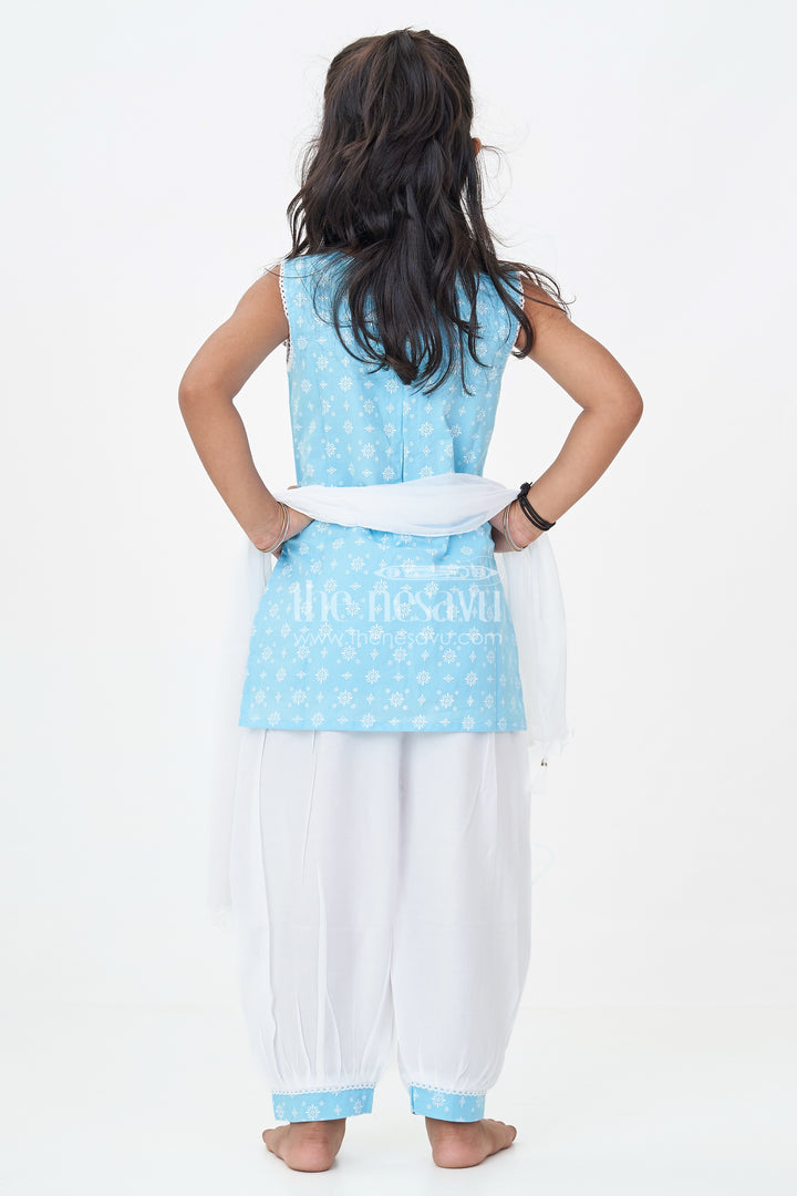 Girls Designer Chudi Set in Blue and White with Stone Embellished Yoke and Embroidered Hem