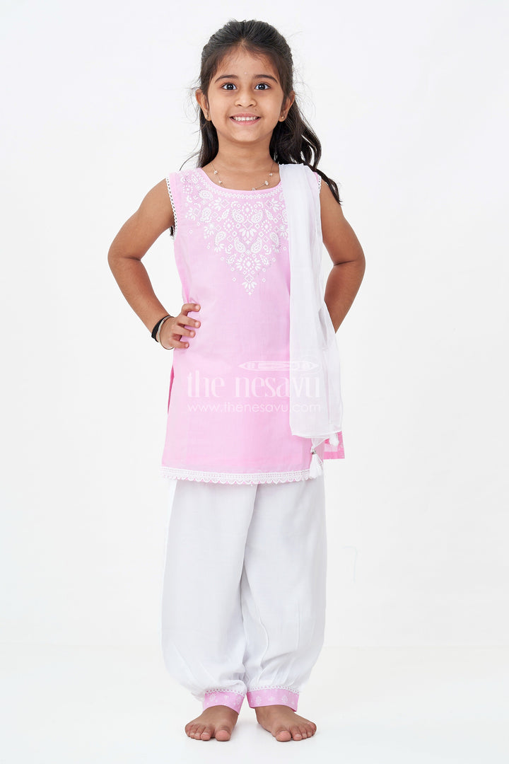 Girls Cotton Printed Pink Chudi Set with Stone Embellishment and Intricate Embroidery Accents
