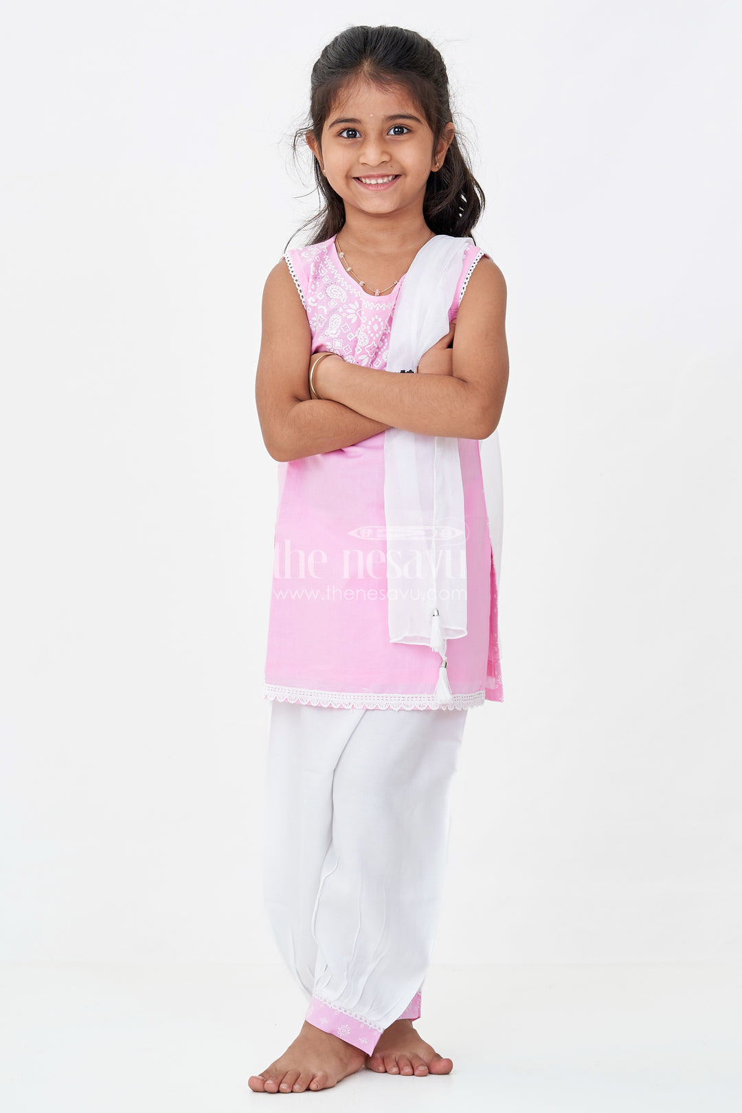 Girls Cotton Printed Pink Chudi Set with Stone Embellishment and Intricate Embroidery Accents