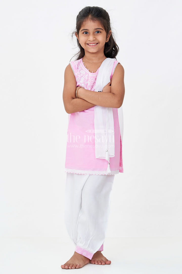 Girls Cotton Printed Pink Chudi Set with Stone Embellishment and Intricate Embroidery Accents