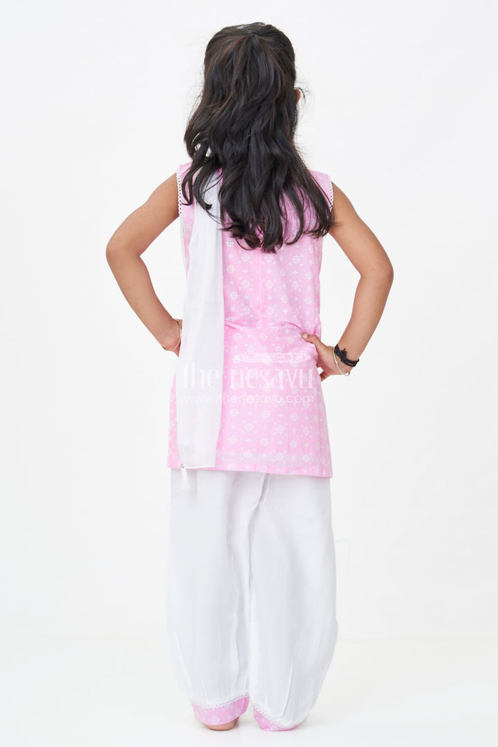 Girls Cotton Printed Pink Chudi Set with Stone Embellishment and Intricate Embroidery Accents