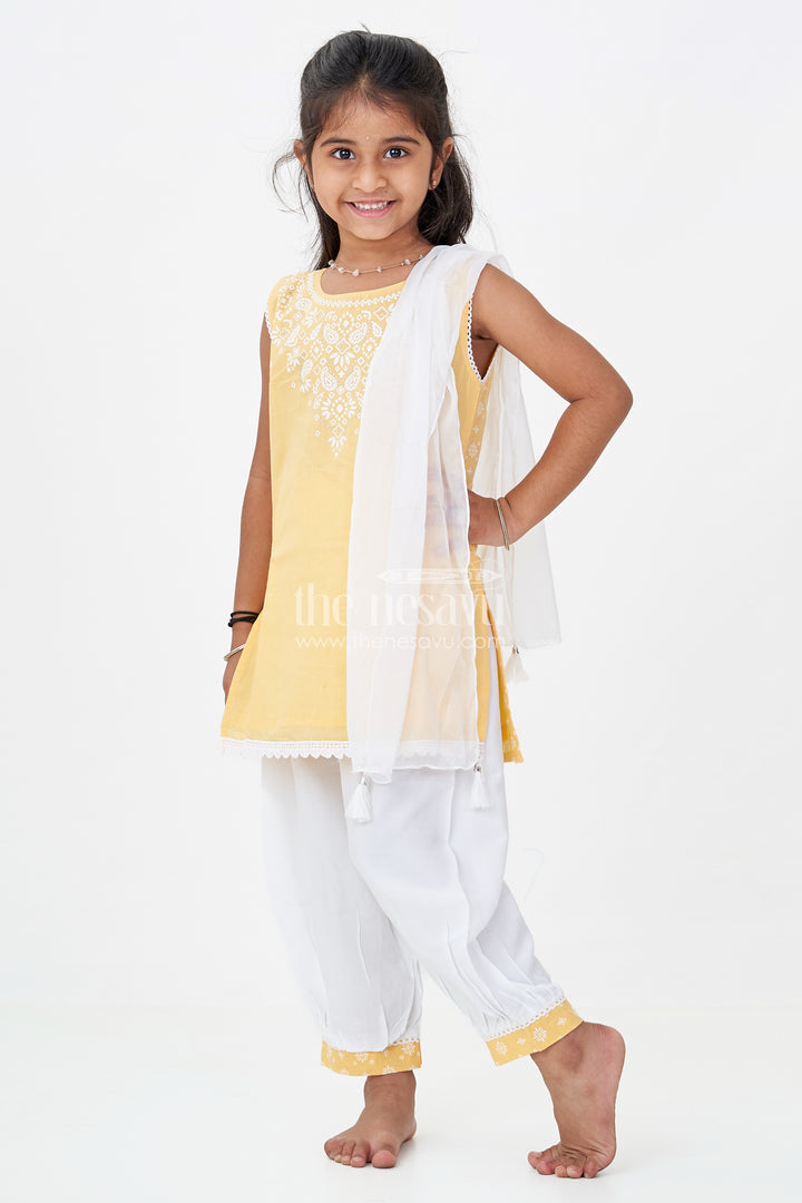 Girls Cotton Latest Chudi Set in Yellow with Stone Embellishment and Contrasting Dhoti Bottoms