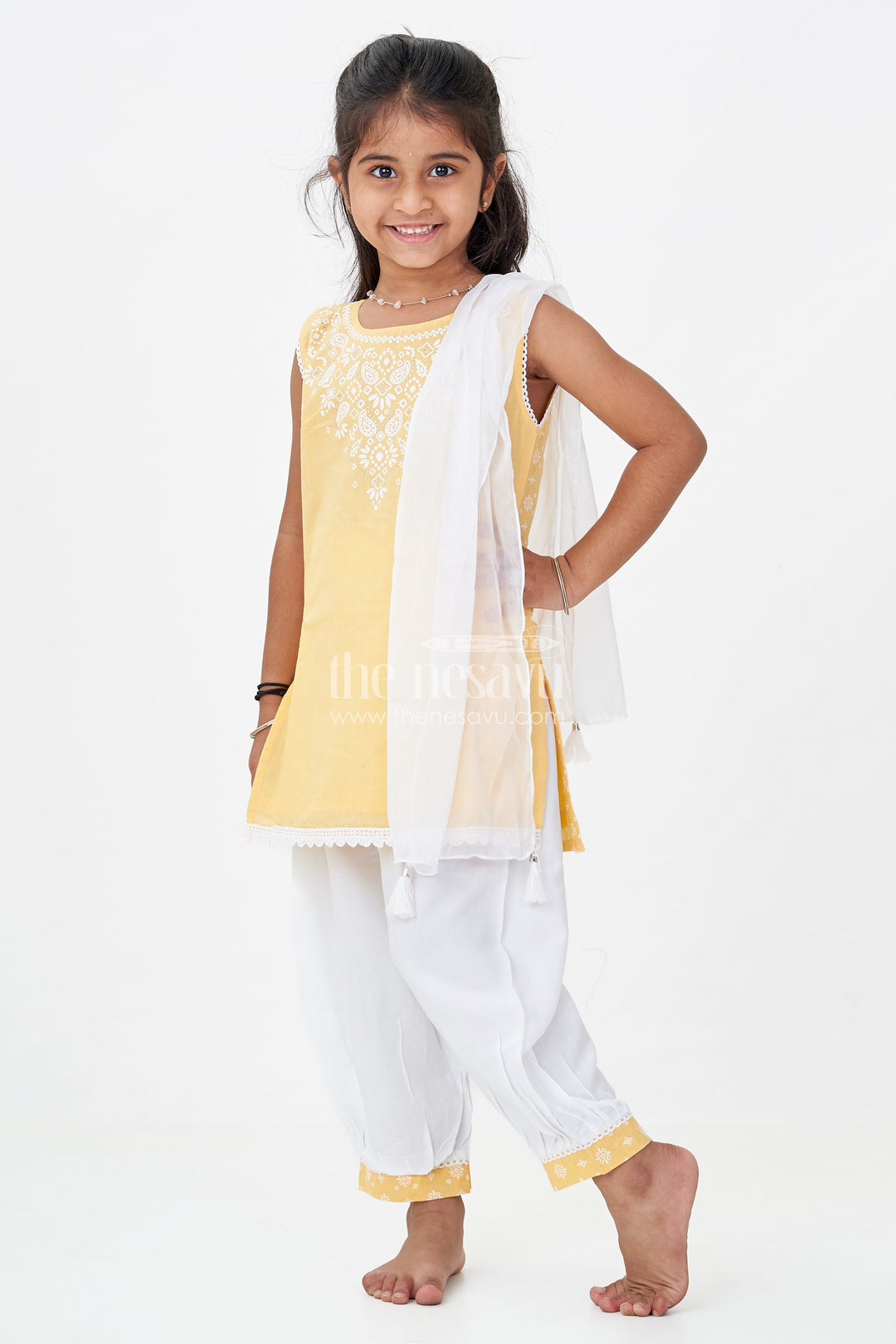 Girls Cotton Latest Chudi Set in Yellow with Stone Embellishment and Contrasting Dhoti Bottoms