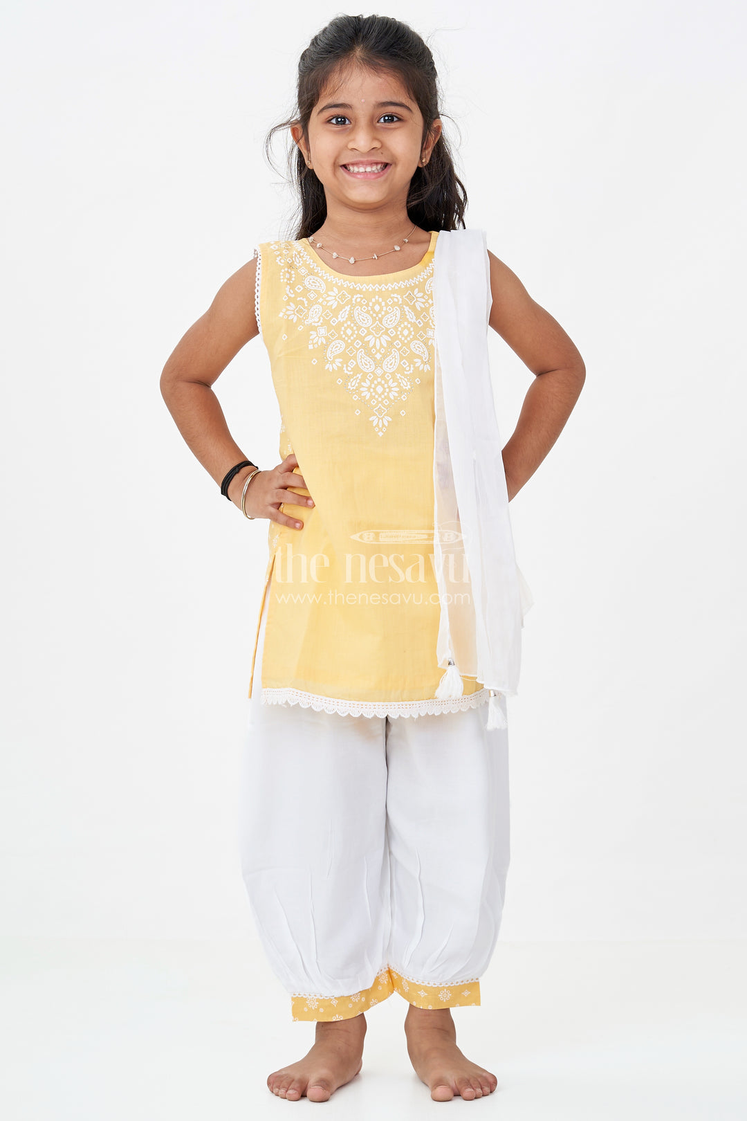 Girls Cotton Latest Chudi Set in Yellow with Stone Embellishment and Contrasting Dhoti Bottoms