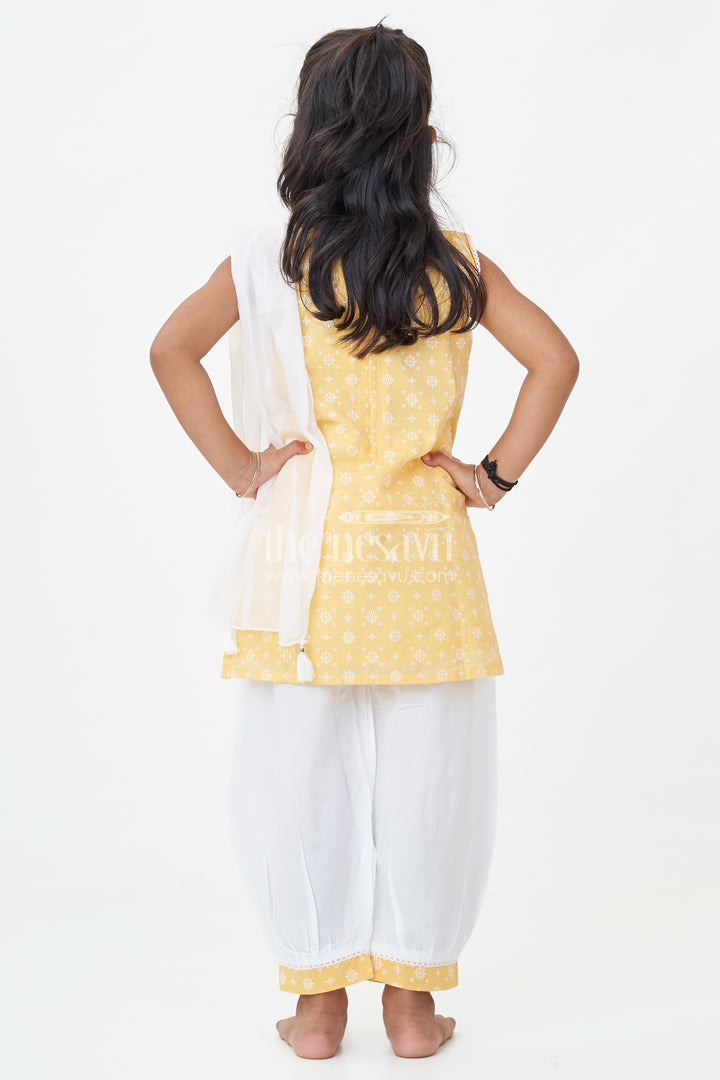 Girls Cotton Latest Chudi Set in Yellow with Stone Embellishment and Contrasting Dhoti Bottoms