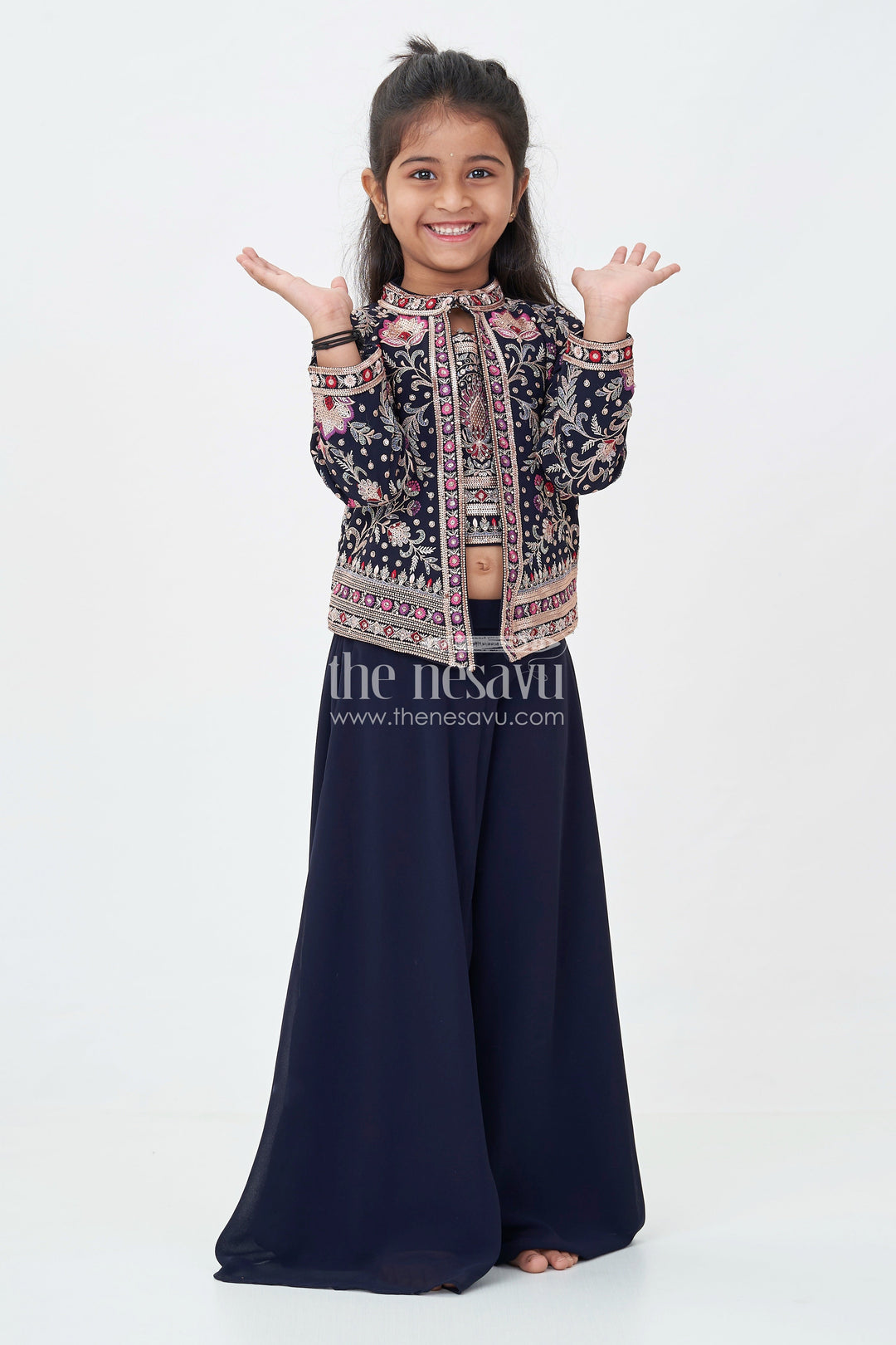 Girls Party Wear Western Dresses in Georgette with Designer Embroidered Jacket and Wide Leg Plazo