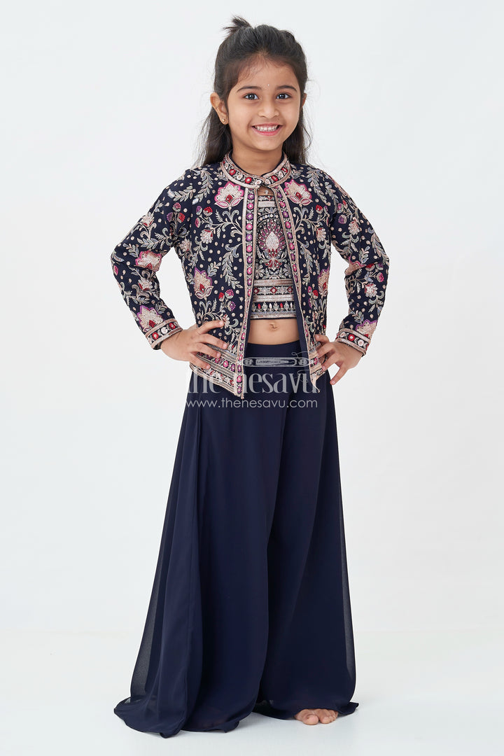 Girls Party Wear Western Dresses in Georgette with Designer Embroidered Jacket and Wide Leg Plazo