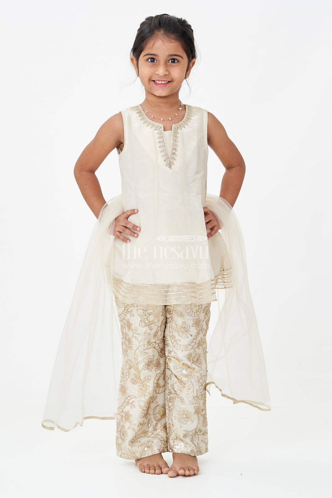 Girls White Infant Dress in Viscose Tissue with Embroidered Sequins and Designer Churidar Bottom