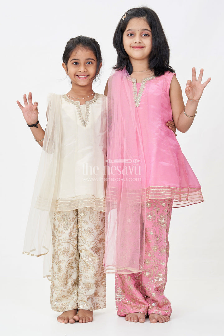 Girls White Infant Dress in Viscose Tissue with Embroidered Sequins and Designer Churidar Bottom