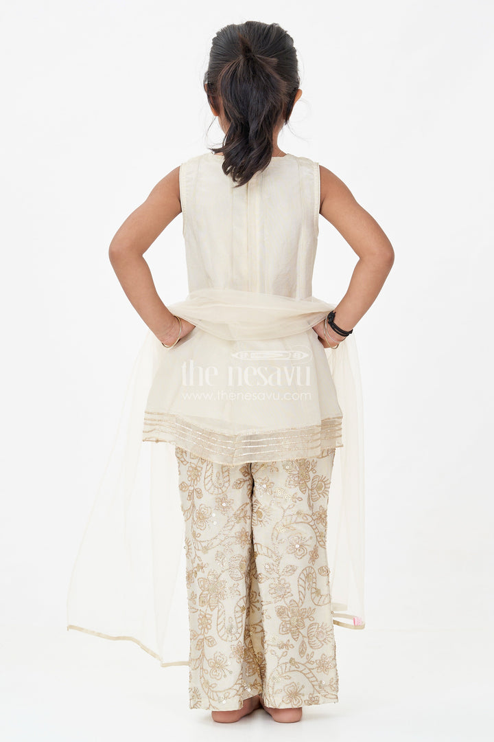 Girls White Infant Dress in Viscose Tissue with Embroidered Sequins and Designer Churidar Bottom
