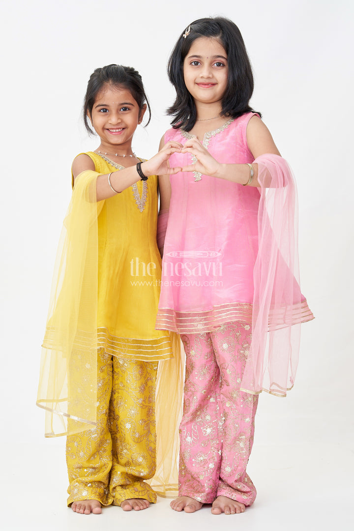 Girls Pink Sharara Set in Viscose Tissue with Embroidered Sequin Floral Patterns and Dupatta