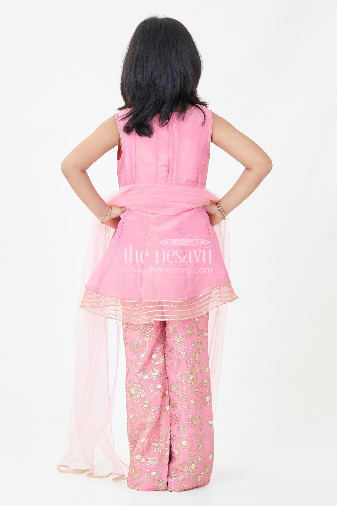 Girls Pink Sharara Set in Viscose Tissue with Embroidered Sequin Floral Patterns and Dupatta