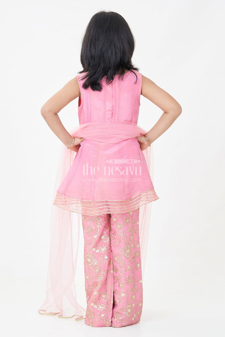 Girls Pink Sharara Set in Viscose Tissue with Embroidered Sequin Floral Patterns and Dupatta