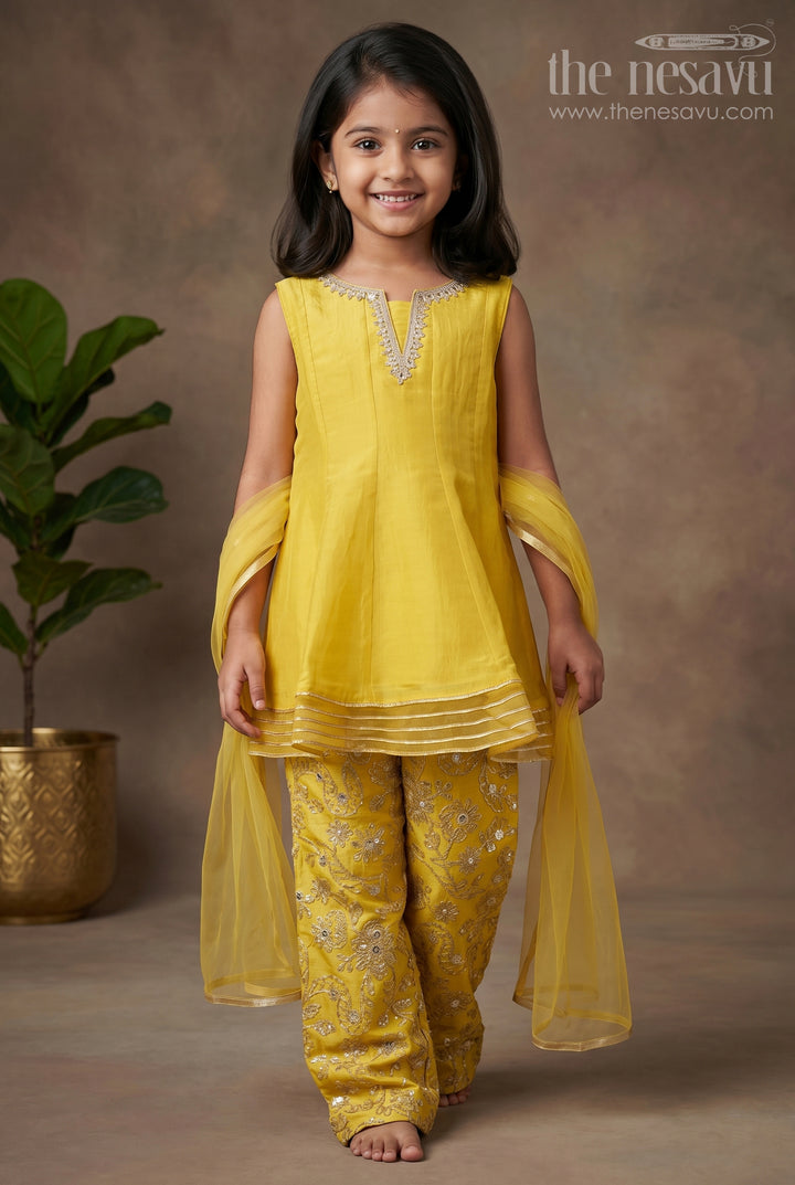 Girls Mustard Dress Of Sharara in Viscose Tissue with Designer Sequin Embroidered Pants