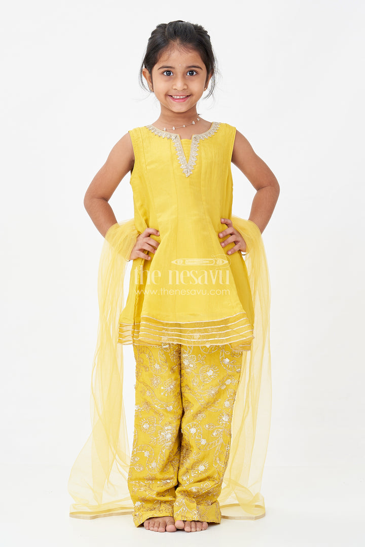 Girls Mustard Dress of Sharara in Viscose Tissue with Designer Sequin Embroidered Pants