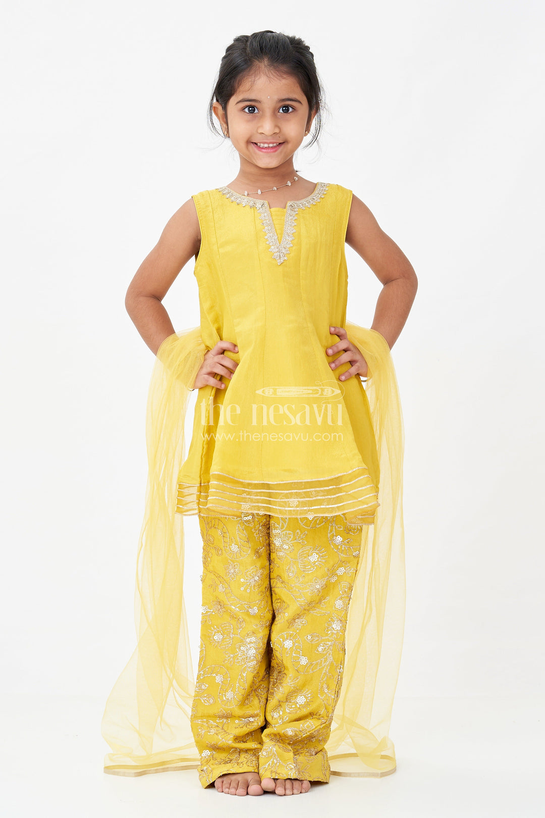 Girls Mustard Dress of Sharara in Viscose Tissue with Designer Sequin Embroidered Pants