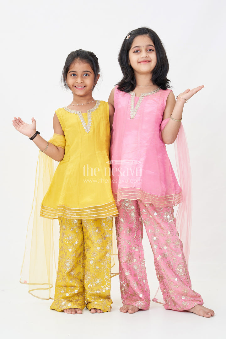 Girls Mustard Dress of Sharara in Viscose Tissue with Designer Sequin Embroidered Pants