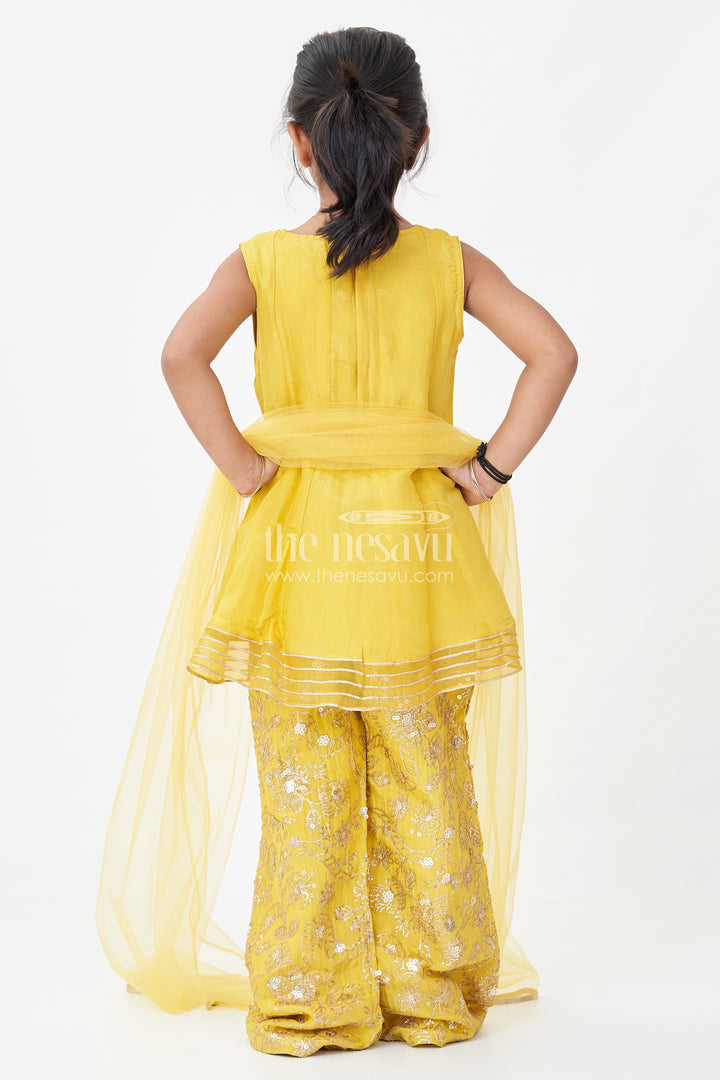 Girls Mustard Dress of Sharara in Viscose Tissue with Designer Sequin Embroidered Pants
