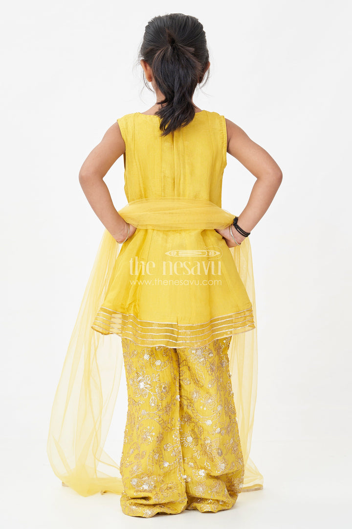 Girls Mustard Dress of Sharara in Viscose Tissue with Designer Sequin Embroidered Pants