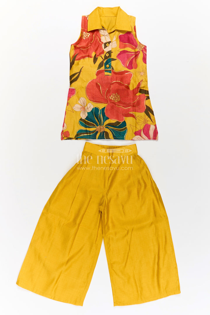 Girls Sharara Dress Set in Mustard Cotton Blend with Digital Printed Sleeveless Kurti and Wide Pants