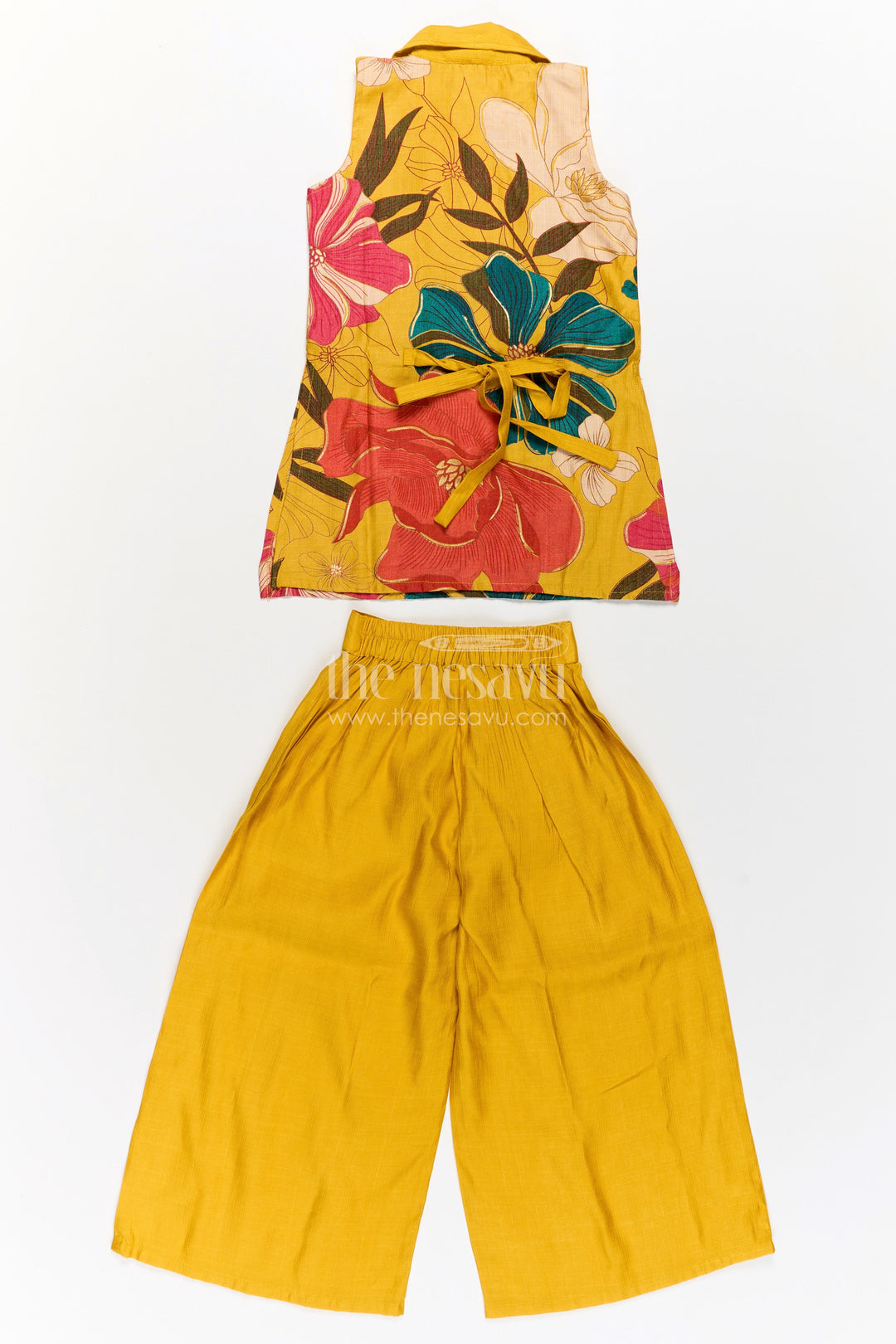 Girls Sharara Dress Set in Mustard Cotton Blend with Digital Printed Sleeveless Kurti and Wide Pants