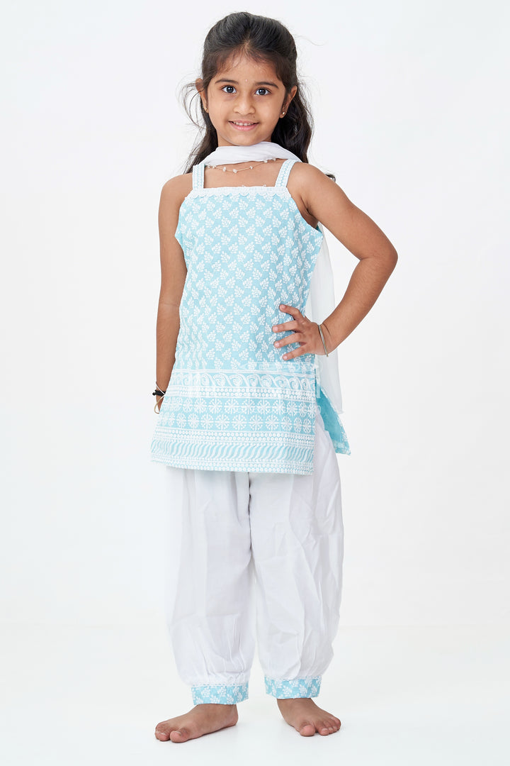 Girls New Chudi Set in Blue Cotton with Thread Embroidery Yoke and Matching White Dhoti Pants