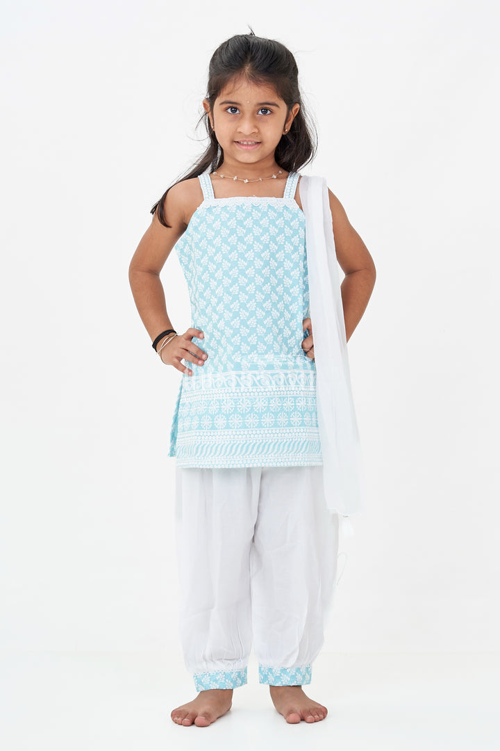 Girls New Chudi Set in Blue Cotton with Thread Embroidery Yoke and Matching White Dhoti Pants
