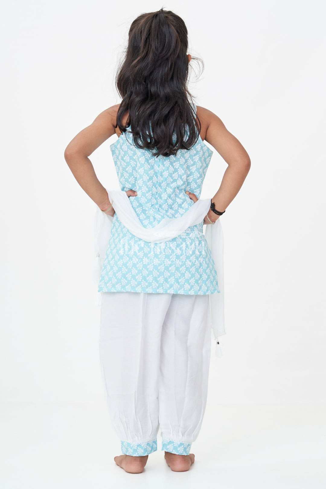 Girls New Chudi Set in Blue Cotton with Thread Embroidery Yoke and Matching White Dhoti Pants