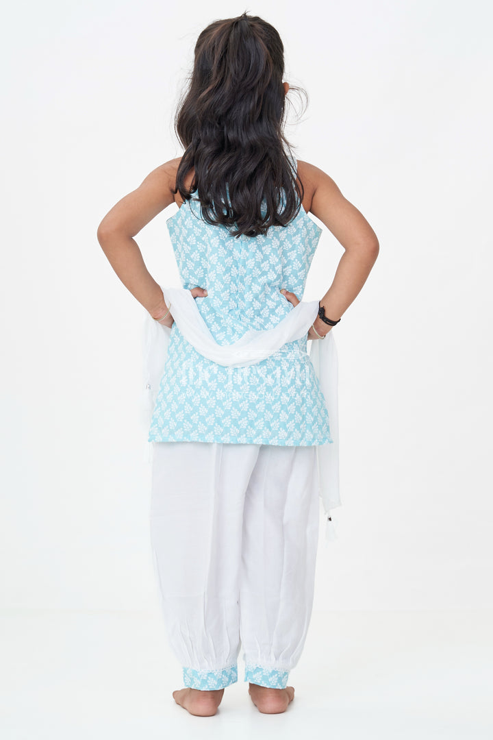 Girls New Chudi Set in Blue Cotton with Thread Embroidery Yoke and Matching White Dhoti Pants