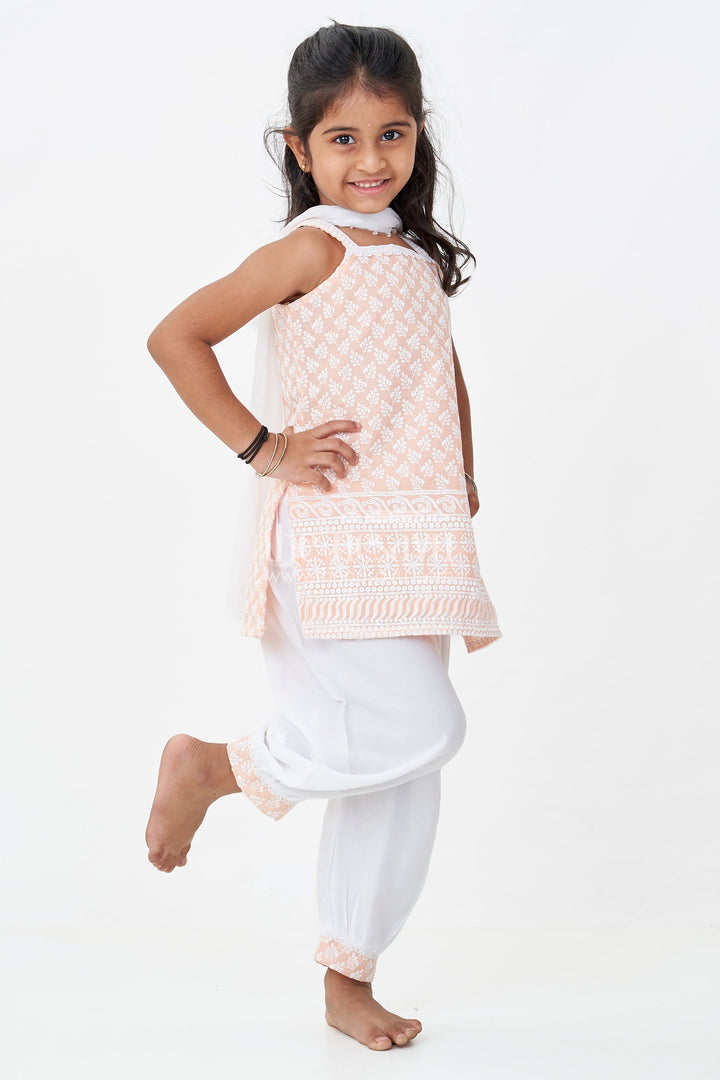 Girls Orange Chudi Set in Cotton with Embroidered Sleeveless Kurti and White Dhoti Pants