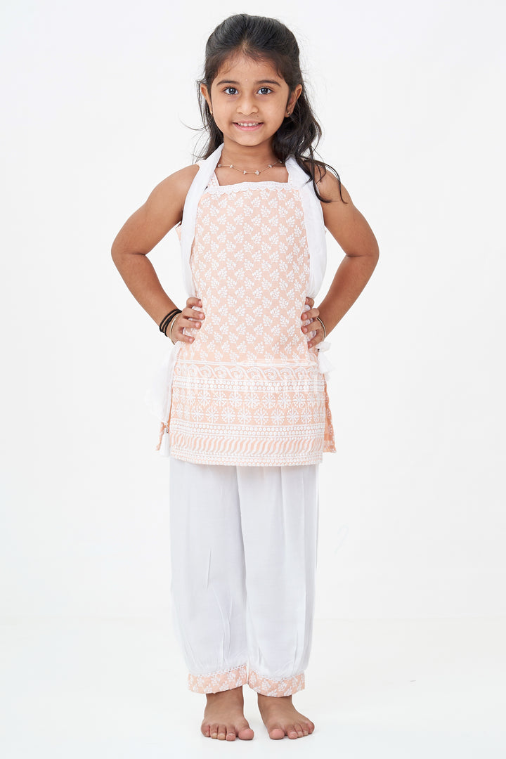 Girls Orange Chudi Set in Cotton with Embroidered Sleeveless Kurti and White Dhoti Pants