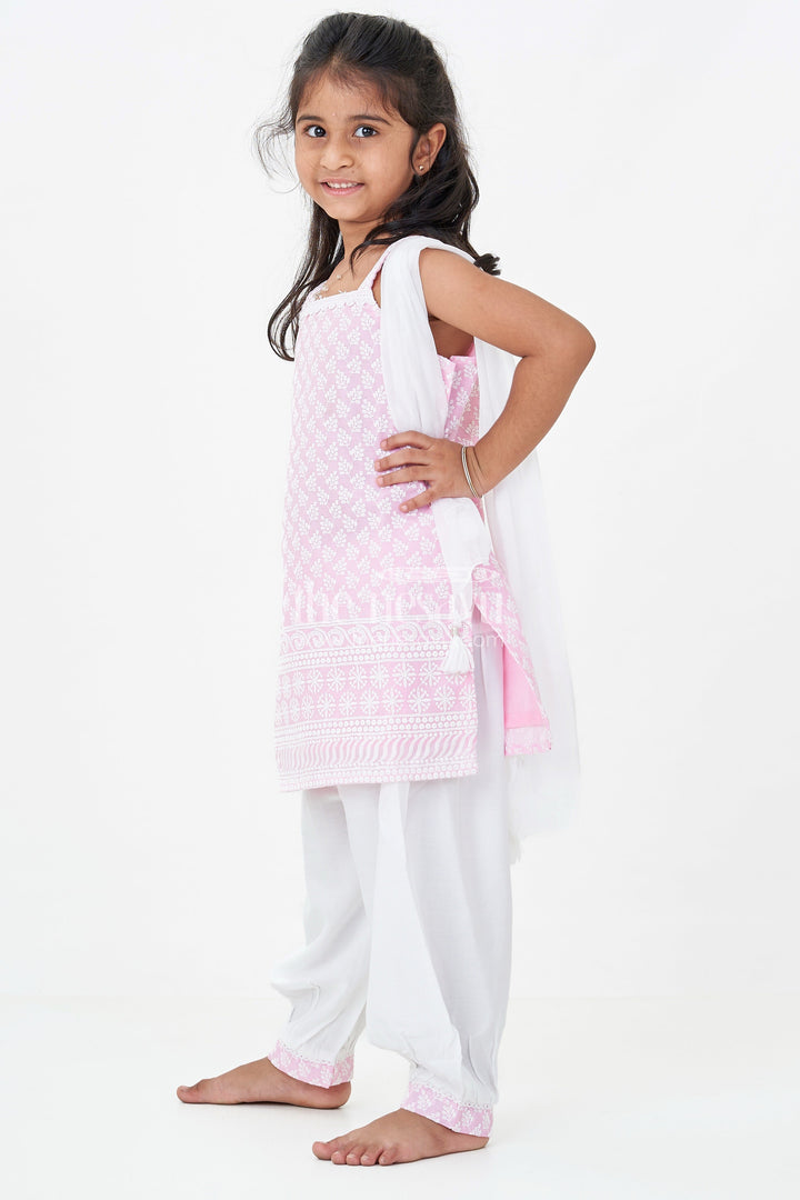 Girls Pink Colour Chudi Set in Cotton with Thread Embroidery Yoke and Elegant Dhoti Bottoms