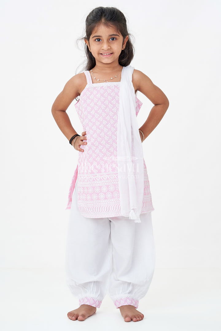 Girls Pink Colour Chudi Set in Cotton with Thread Embroidery Yoke and Elegant Dhoti Bottoms