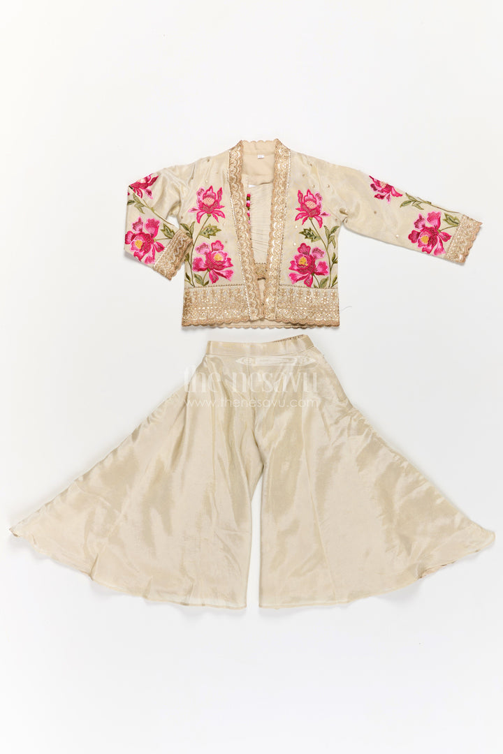Girls Beige Dress Party Dress Set with Floral Designer Jacket and Flowing Palazzo Pants