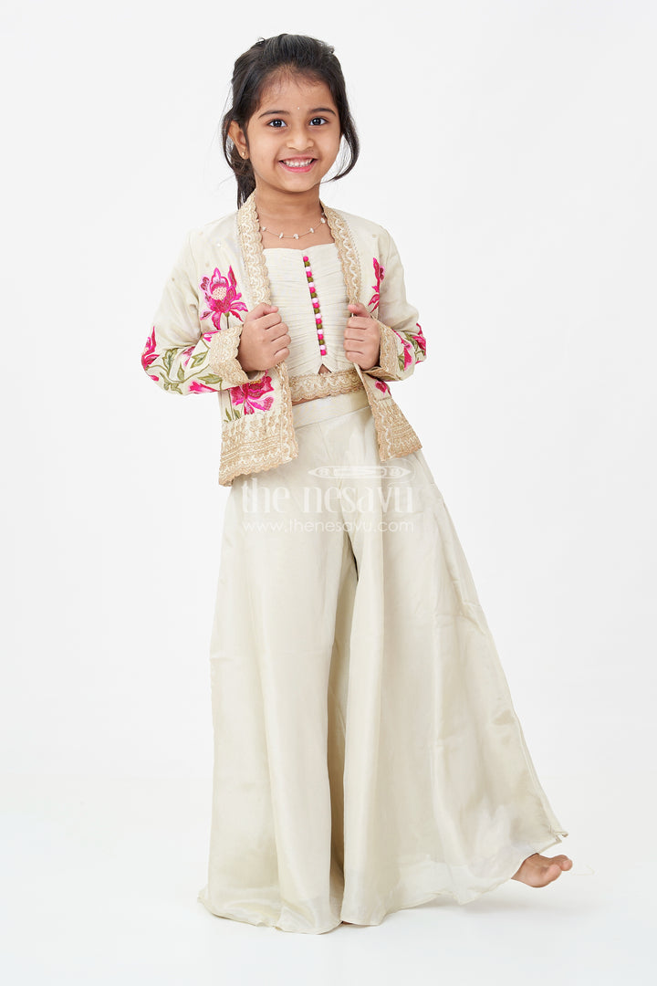 Girls Beige Dress Party Dress Set with Floral Designer Jacket and Flowing Palazzo Pants