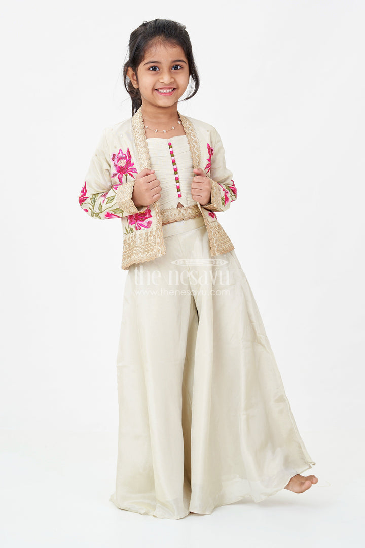 Girls Beige Dress Party Dress Set with Floral Designer Jacket and Flowing Palazzo Pants