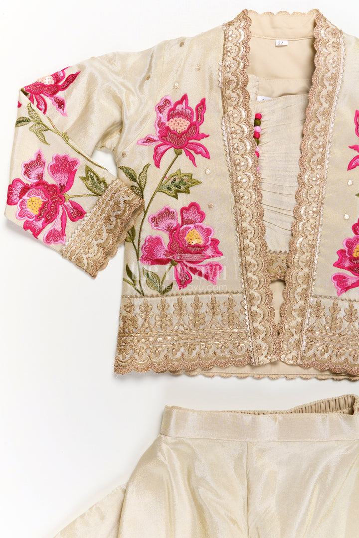 Girls Beige Dress Party Dress Set with Floral Designer Jacket and Flowing Palazzo Pants