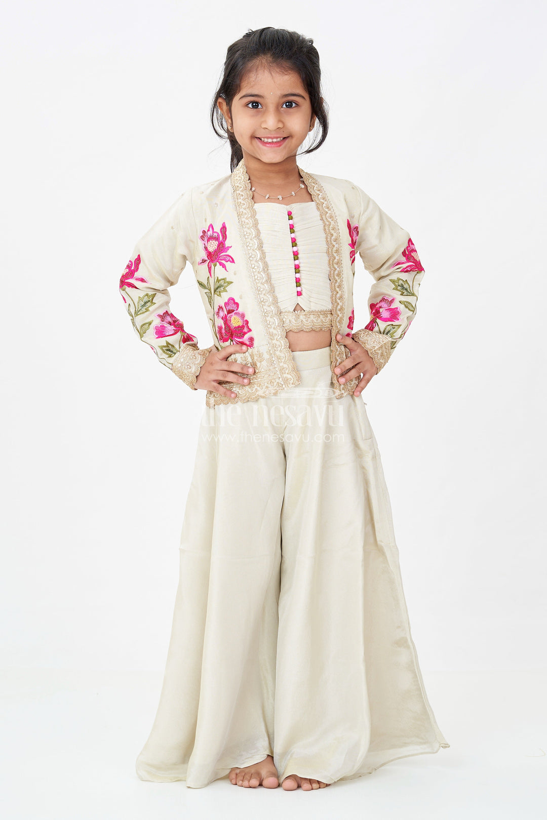 Girls Beige Dress Party Dress Set with Floral Designer Jacket and Flowing Palazzo Pants