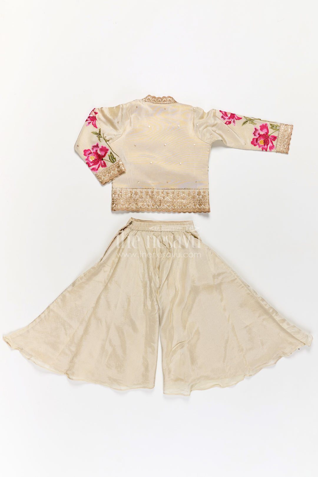 Girls Beige Dress Party Dress Set with Floral Designer Jacket and Flowing Palazzo Pants
