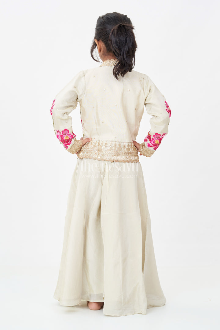 Girls Beige Dress Party Dress Set with Floral Designer Jacket and Flowing Palazzo Pants