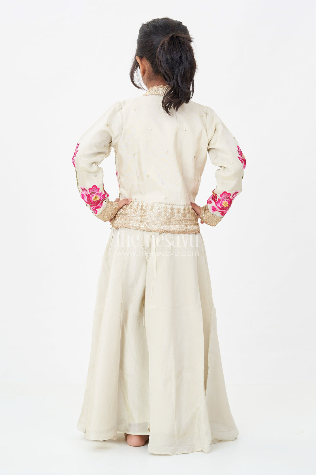 Girls Beige Dress Party Dress Set with Floral Designer Jacket and Flowing Palazzo Pants