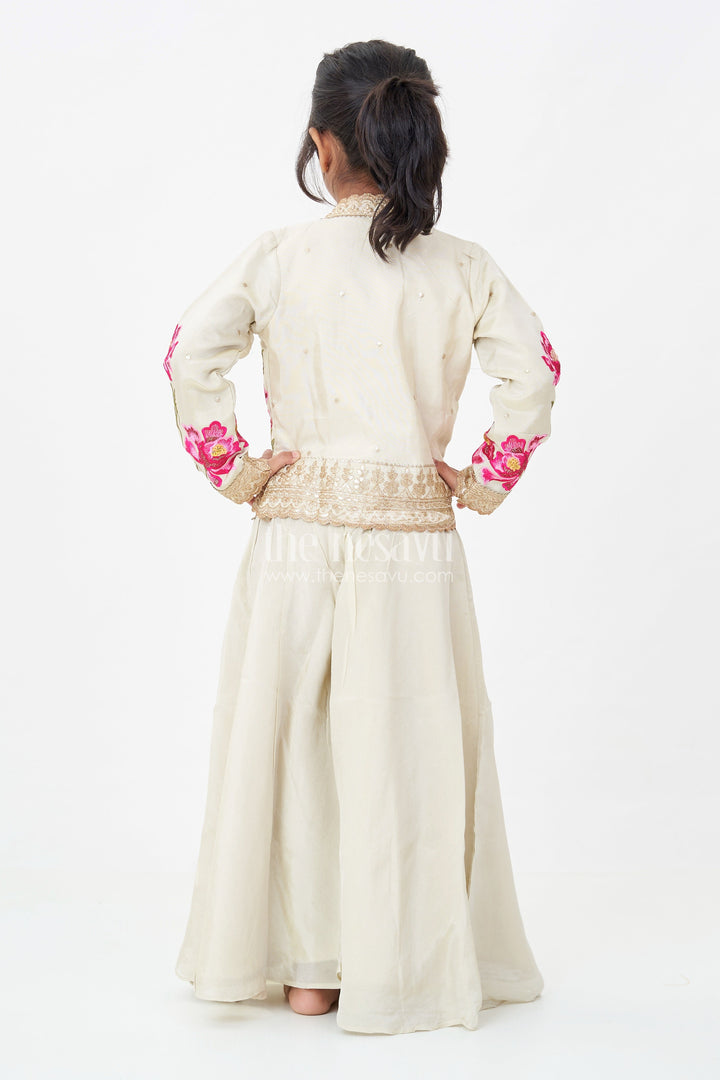 Girls Beige Dress Party Dress Set with Floral Designer Jacket and Flowing Palazzo Pants