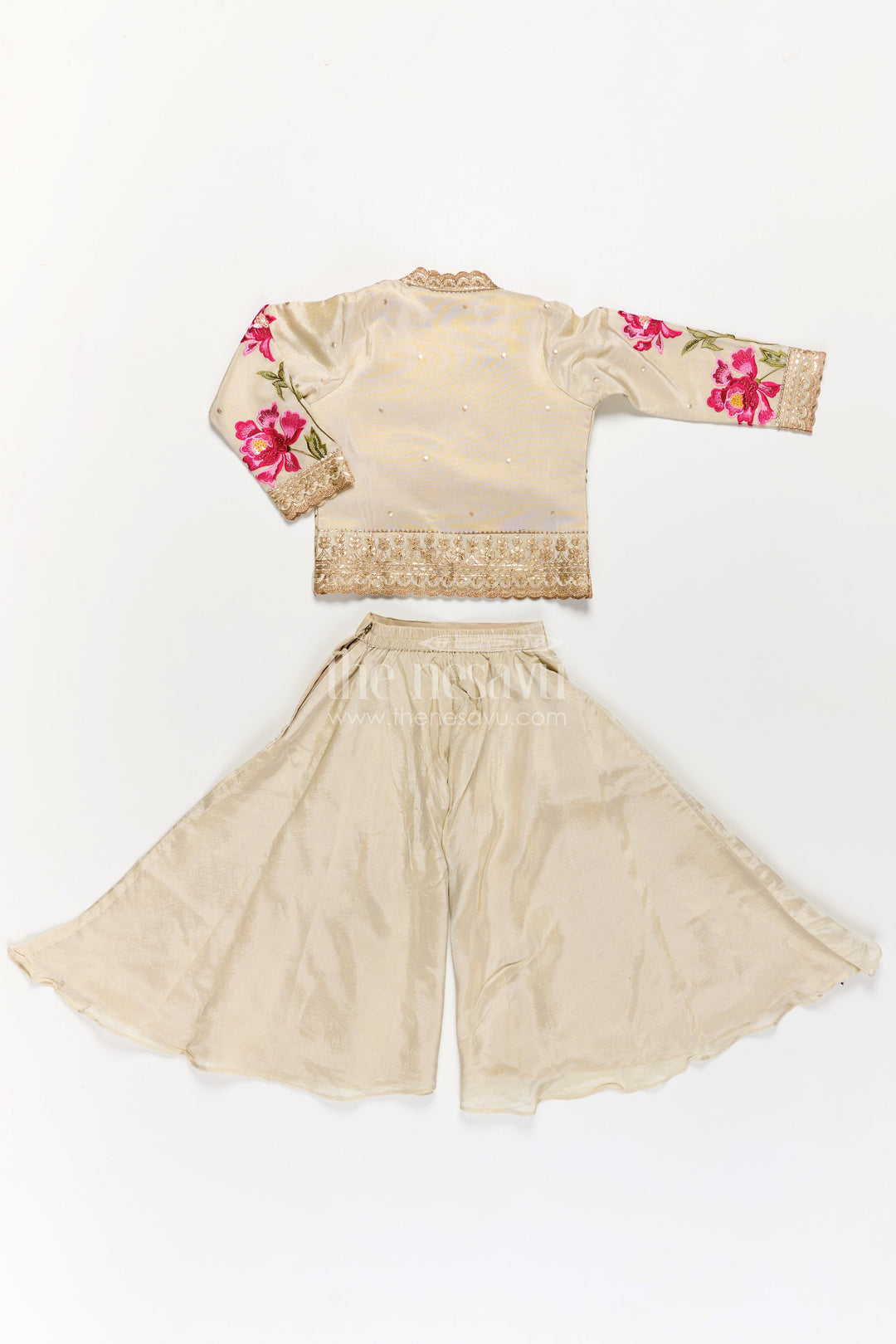 Girls Beige Dress Party Dress Set with Floral Designer Jacket and Flowing Palazzo Pants