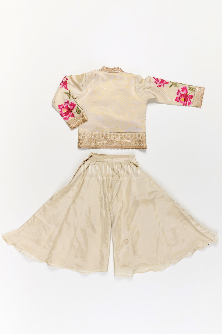 Girls Beige Dress Party Dress Set with Floral Designer Jacket and Flowing Palazzo Pants