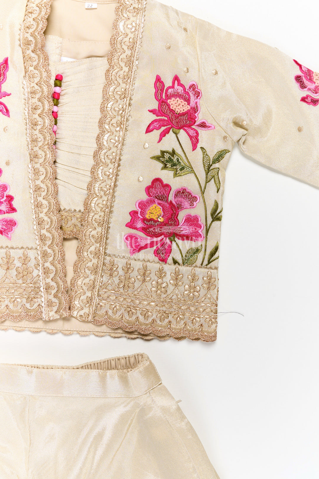 Girls Beige Dress Party Dress Set with Floral Designer Jacket and Flowing Palazzo Pants