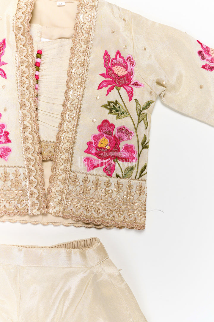 Girls Beige Dress Party Dress Set with Floral Designer Jacket and Flowing Palazzo Pants