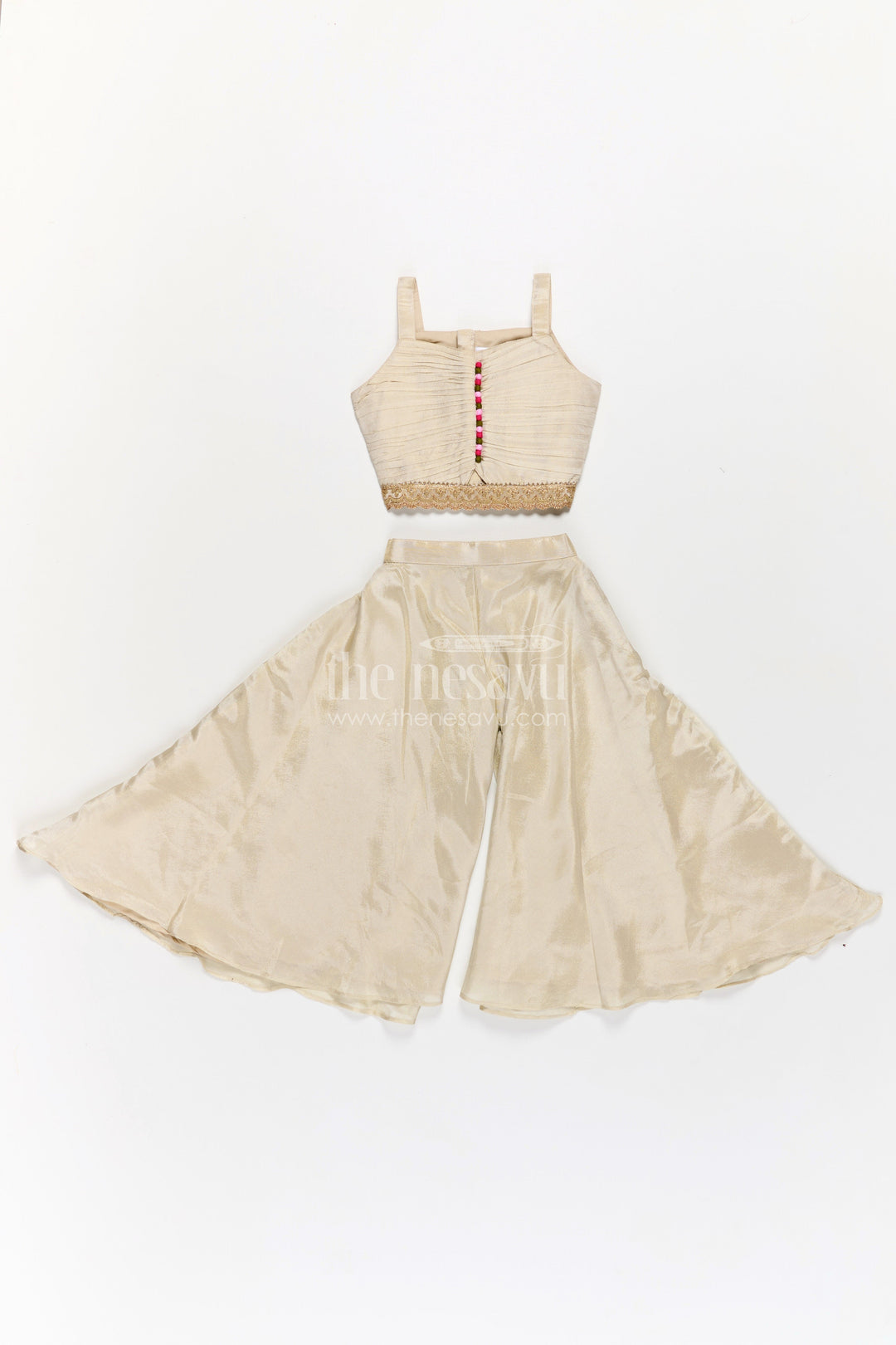 Girls Beige Dress Party Dress Set with Floral Designer Jacket and Flowing Palazzo Pants