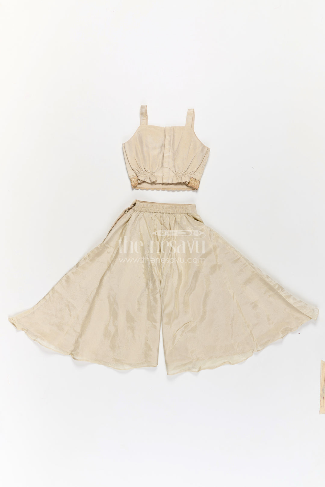 Girls Beige Dress Party Dress Set with Floral Designer Jacket and Flowing Palazzo Pants